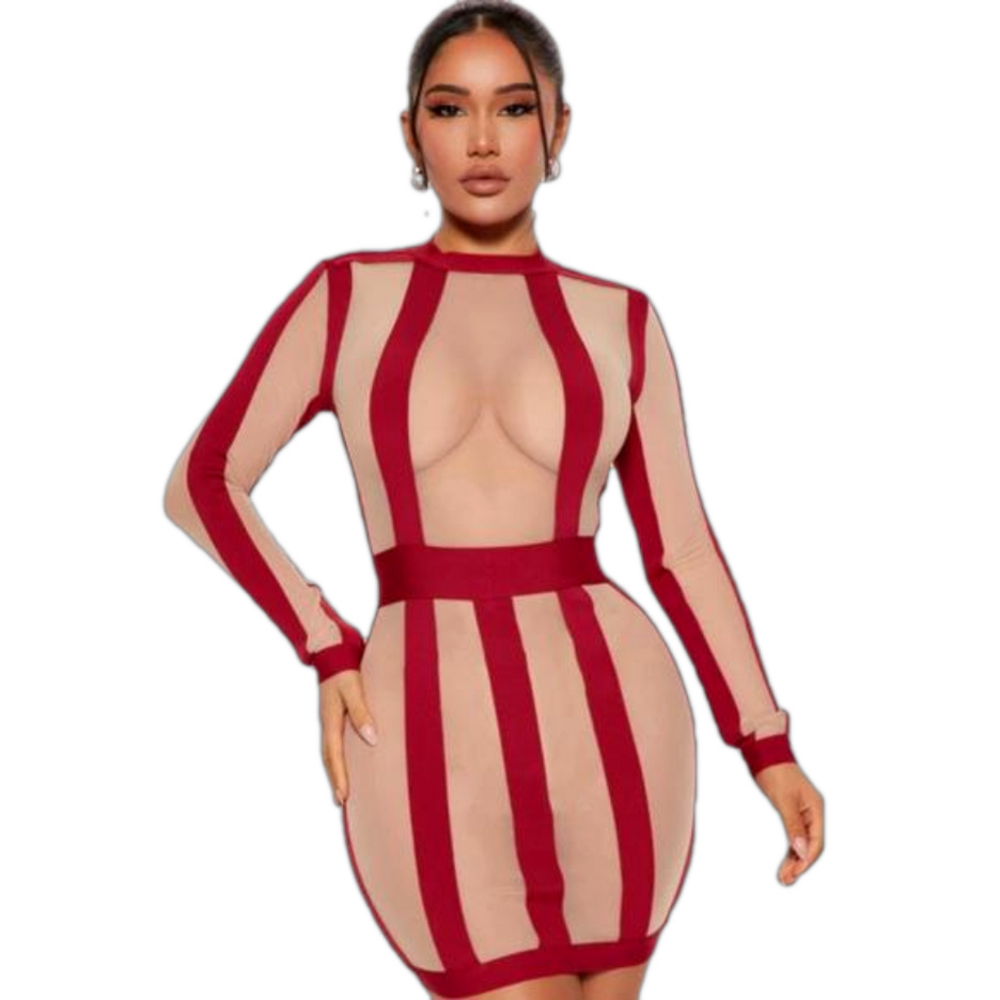 Red Band Sheer Mesh Mini Bodycon Dress